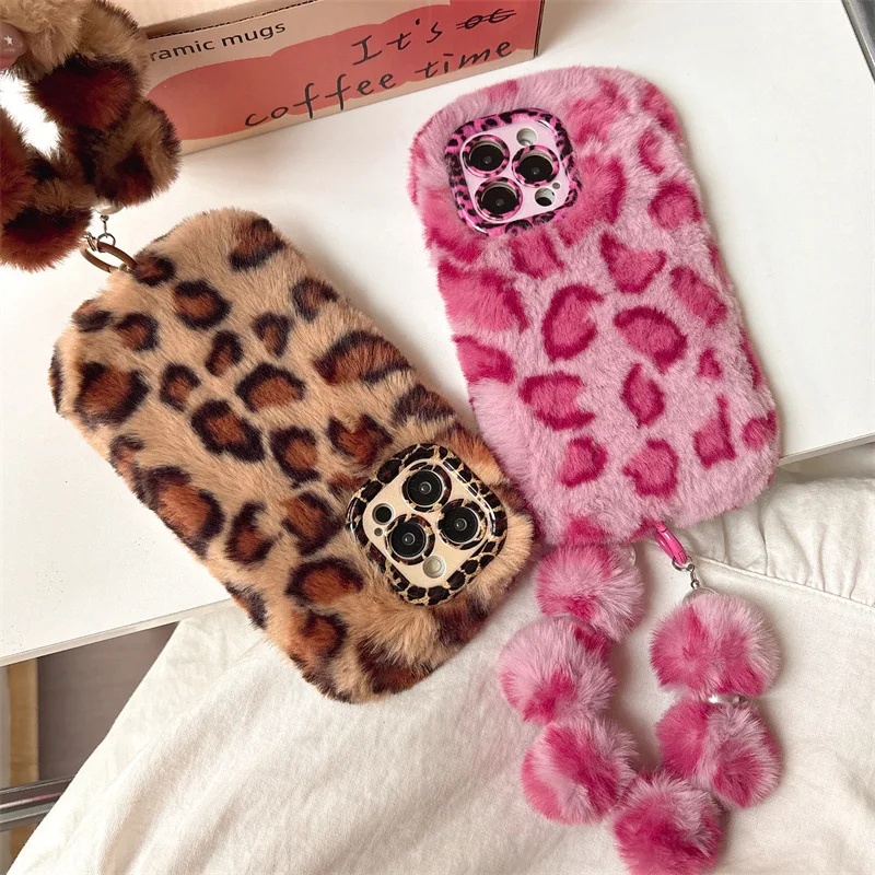 Phone Cases For Iphone 12 Pro Max - Fashion Leopard Furry Plush Lens Bracket
